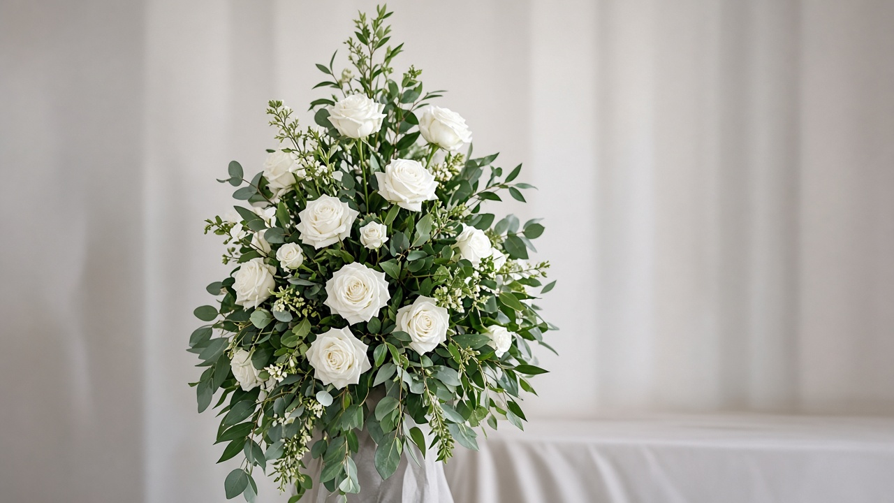Calm white rose funeral flower arrangement