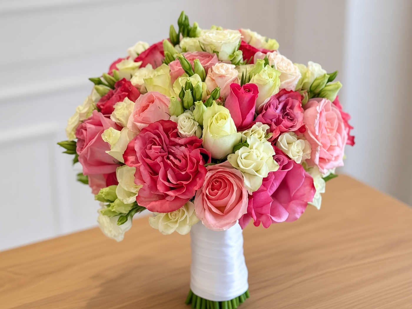 Wedding bouquet and soft tablescape with white and blush roses